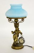 FIGUREN-TISCHLAMPE MIT UHRENSTÄNDER Frankreich um 1900 Vergoldete Bronze mit plastischem Rokoko-