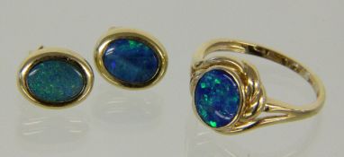 DAMENRING UND PAAR OHRSTECKER 585/000 Gelbgold mit schwarzem Opal auf Muttergestein. Ringgr. 56.