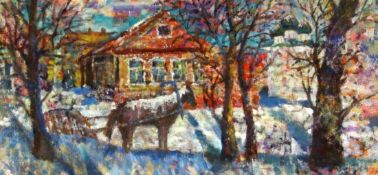 NIKIFOROWA, ALEXANDRA Dmitrow 1956, russische Künstlerin. Verschneites russisches Dorf mit Kirche.