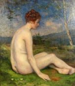 HENNER, JEAN JACQUESBernweiler/Elsass 1829 -1905 Paris Weiblicher Akt in Landschaft. Öl/Holz,