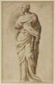 ANONYMER KÜNSTLERum 1780 Weibliche Statue in antikem Gewand. Sepia-Aquarell. 25x16cm, Ra. Min.