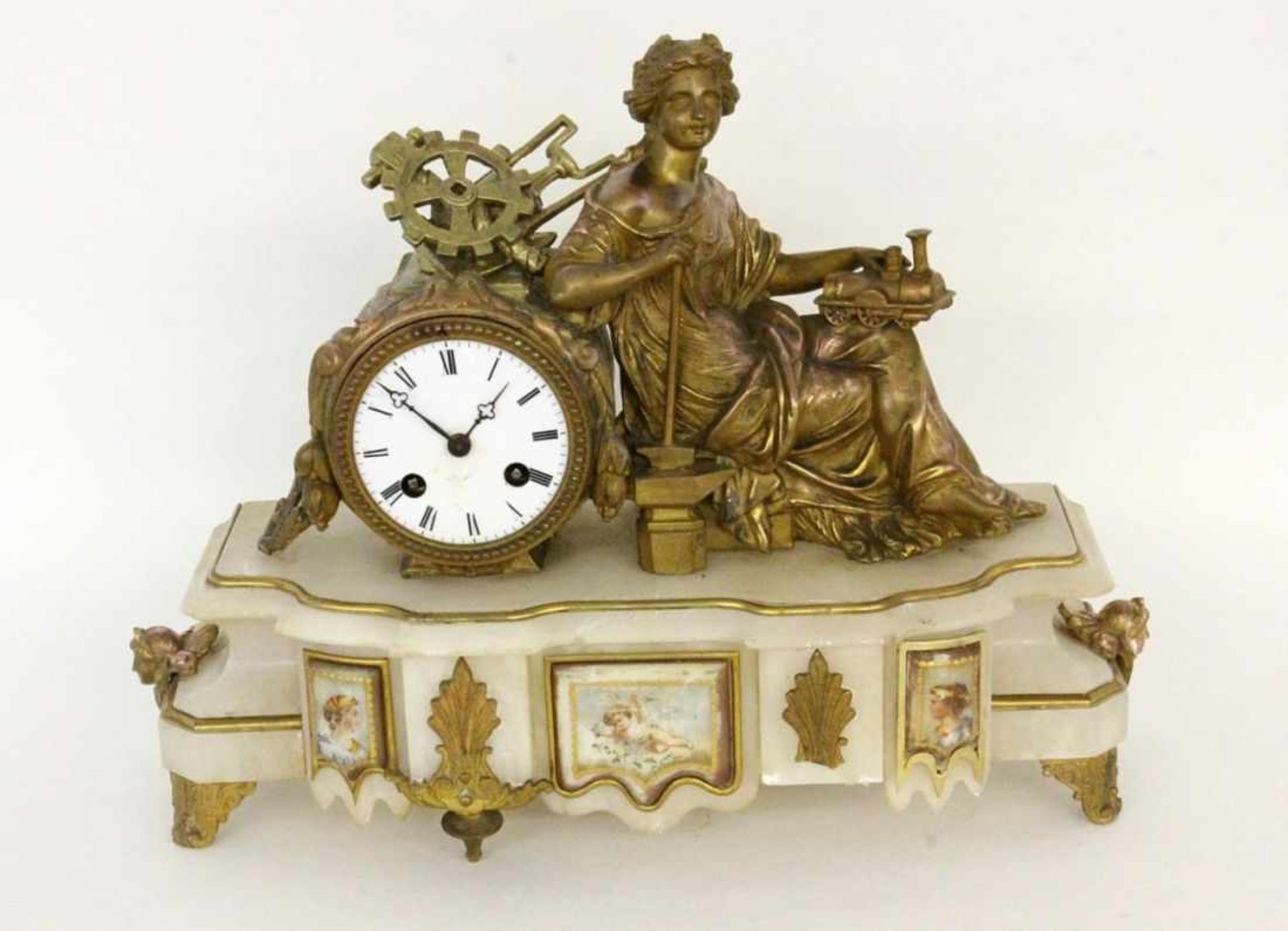 FIGURENUHR MIT ALLEGORIE AUF DIEINDUSTRIE Frankreich um 1890 Vergoldetes Metallgehäuse mit sitzender