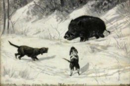 MAILICK, ALFREDDresden 1869 - 1946 Von Hunden gestelltes Wildschwein im Schnee. Gouache, signiert