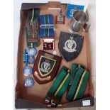 Queens Royal Irish Hussars PRI lot. 2 QRIH plaques, engraved pewter tankard, polished statuette '8th