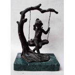 Possiby Moreau, Girl on a swing, cast bronze study set on a rectangular green marble plinth, 17cm