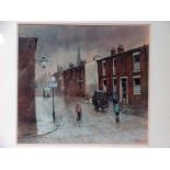 T Brown (English 20th century) Northern Terraced and Cobbled Street scene with Organ Grinder, signed