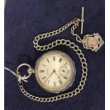 An A.M. Watch Company silver cased open face Pocket Watch, white dial with Roman numerals,