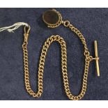 A 9ct gold Albert Watch Chain with T bar and 9ct gold mounted oval agate Fob, 30.5g chain only