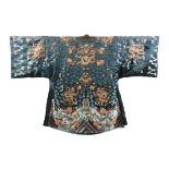 A DARK BLUE GROUND COUCHED GILT AND VEGETABLE DYED FORBIDDEN STITCH SILK TEN DRAGON JIFU COURT ROBE,