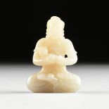 A WHITE JADE/JADEITE CARVED SEATED GUANYIN, CHINESE, seated in the lotus pose, the robed figure