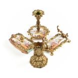 AN AUSTRIAN FOUR PIECE POLYCHROME ENAMELED PLACQUES AND GILT BRONZE DESK SET, EARLY 20TH CENTURY,