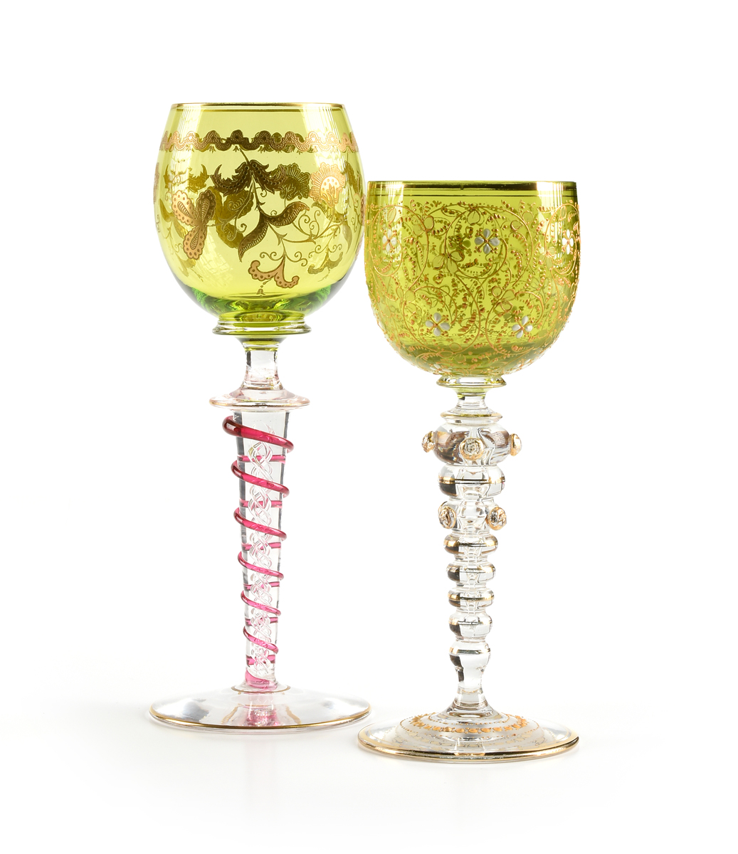 A GROUP OF TWO BOHEMIAN WINE GLASSES, CIRCA 1890-1910, comprising a wine glass with ovoid olive