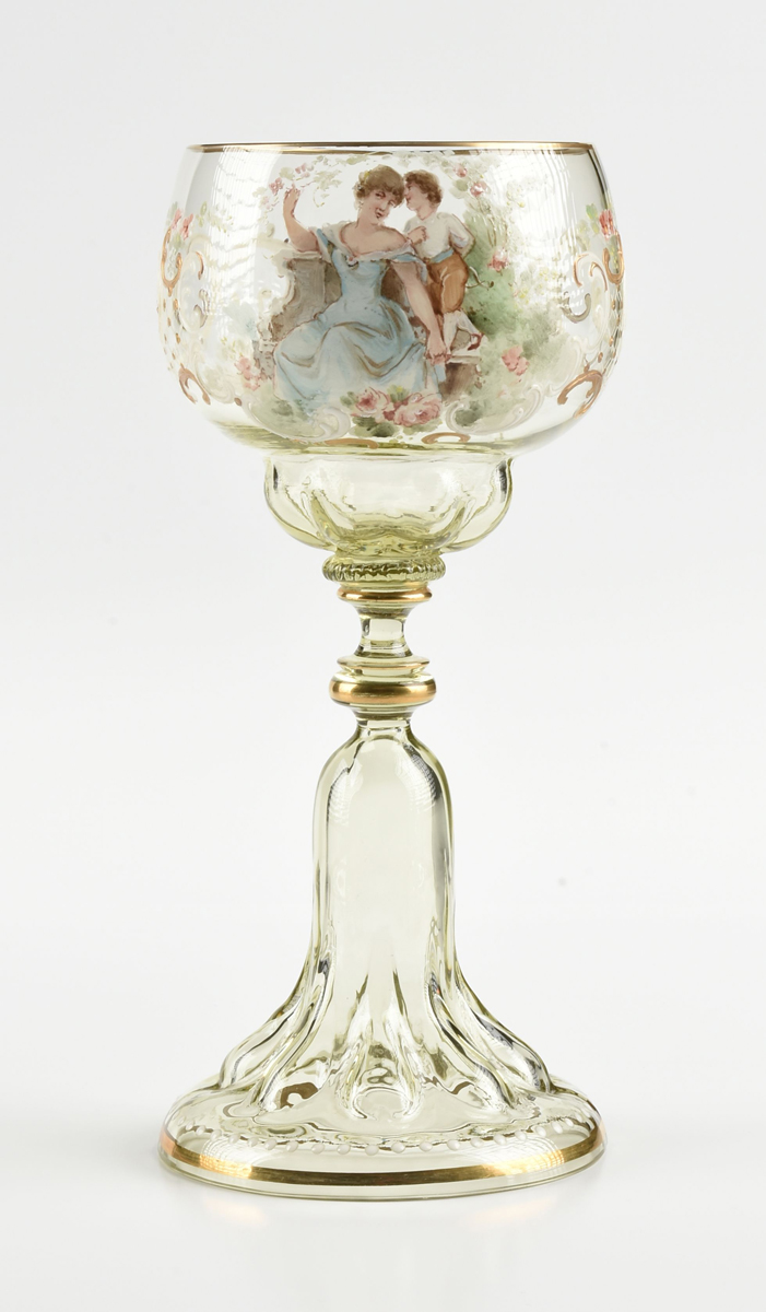 A GROUP OF FOUR BOHEMIAN AND GERMAN GILT AND ENAMEL DECORATED GLASS WINE STEMS, CIRCA 1880-1903, - Image 2 of 27