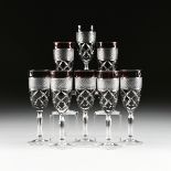 attributed to VAL ST. LAMBERT, A SET OF EIGHT RED DOUBLE CASED CUT TO CLEAR CRYSTAL CHAMPAGNE