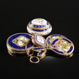 A GROUP OF FIVE ANTIQUE DIMINUTIVE GILT METAL AND COBALT BLUE GROUND ENAMEL WARES, 19TH/20TH