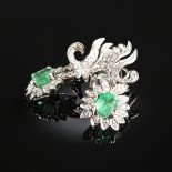 A PAIR OF 14K WHITE GOLD, PLATINUM, EMERALD, AND DIAMOND LADY'S EARRINGS, with pierced posts and