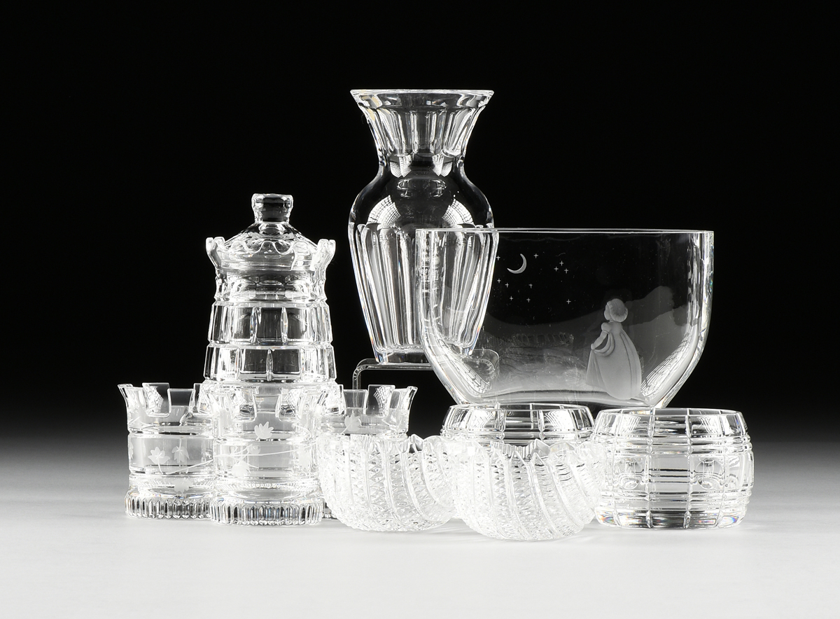 A GROUP OF TEN CUT CRYSTAL VESSELS, LATE 20TH CENTURY, comprising a Val St. Lambert baluster form