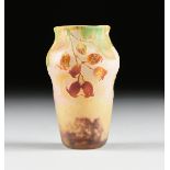 A DAUM FRERES ACID ETCHED AND WHEEL CUT CAMEO GLASS "ROSE HIPS" CABINET VASE, NANCY, FRANCE, CIRCA