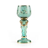 A LUDWIG MOSER & SOHNE GILT AND ENAMEL DECORATED TURQUOISE BLUE GLASS GOBLET, KARLSBAD (KARLOVY