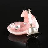 TWO ANTIQUE MINIATURE PINK GUILLOCHE ENAMEL WARES AND A ROSE QUARTZ BEAR FORM VIDE POCHE, 20TH