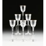 A SET OF SIX AMERICAN OPTIC GLASS CORDIAL STEMS, CIRCA 1930-1950, with bell form bowl in clear optic