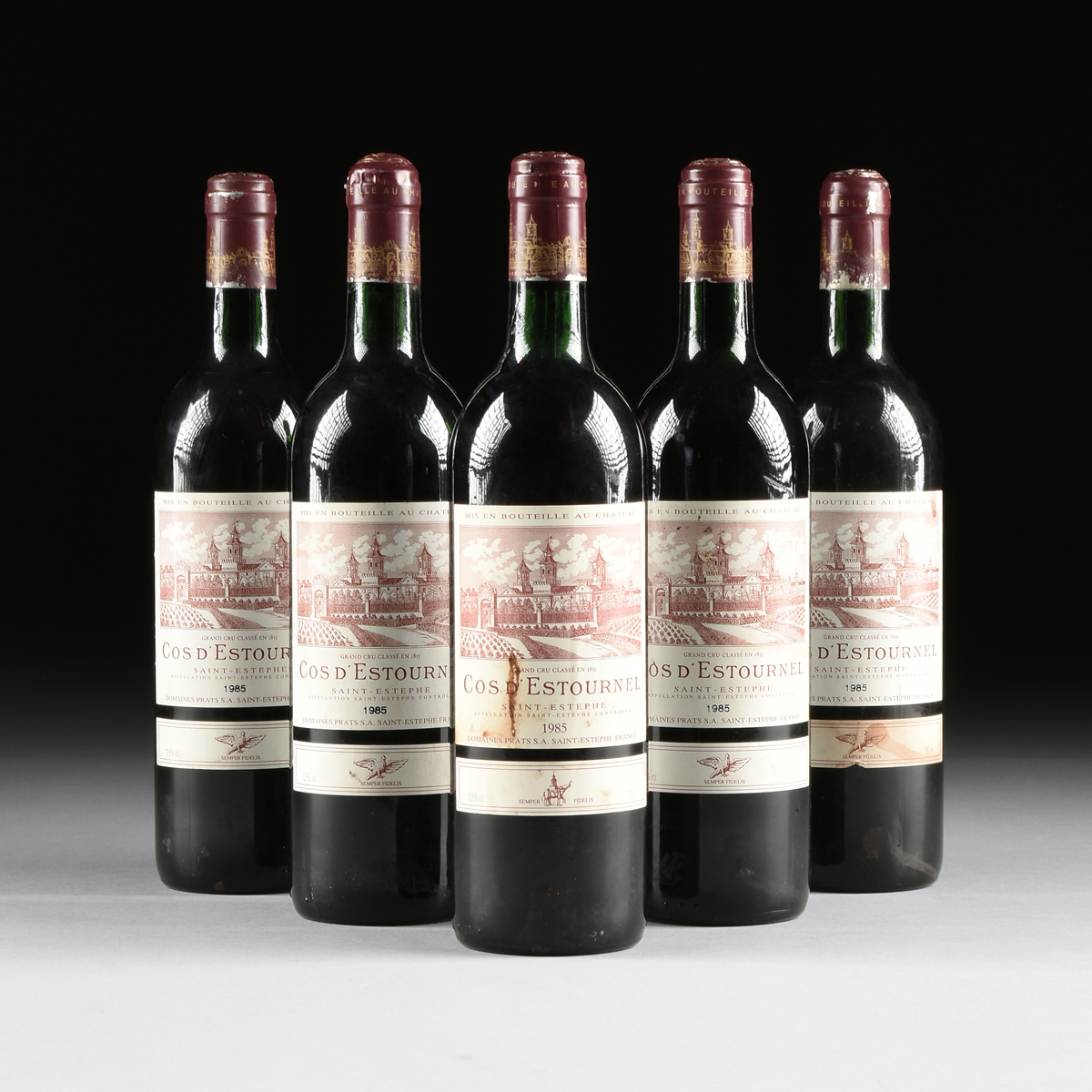 A GROUP OF SIX BOTTLES OF 1985 SAINT ESTÃ‰PHE COS D'ESTOURNEL WINE, all 750ml bottles. All labels