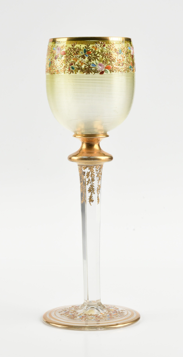 A GROUP OF THREE JOSEPHINENHUTTE ENAMEL AND GILT DECORATED CASED GLASS WINE STEMS, SCHREBERHAU, - Image 2 of 17