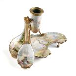 TWO AUSTRIAN PAINTED ENAMEL LUTE FORM BOXES AND A CANDLESTAND, SWISS REUGE MUSICAL MOVEMENT, EARLY