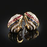 A PAIR OF 18K YELLOW GOLD, SAPPHIRE, DIAMOND, AND RUBY LADY'S EARRINGS, set with fifty-two round