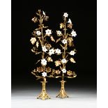 A PAIR OF AESTHETIC STYLE COLORED GLASS, JEWEL, AND MILK GLASS MOUNTED GILT METAL SEVEN LIGHT