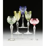 A GROUP OF FIVE CONTINENTAL FLASHED AND CUT CRYSTAL WINE GLASSES, CIRCA 1900-1920, comprising a