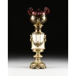 AN AMERICAN NEO-CLASSICAL STYLE POLISHED BRASS MOUNTED MARBLE OIL LAMP WITH AMBERINA GLASS SHADE,