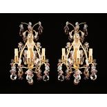 A PAIR OF LOUIS XV STYLE GILT BRONZE AND CRYSTAL THREE LIGHT WALL SCONCES, FRENCH, 20TH CENTURY,