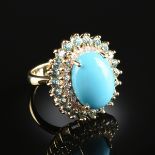 A 14K YELLOW GOLD, DIAMOND, BLUE ZIRCON, AND PERSIAN TURQUOISE LADY'S RING, centering one prong