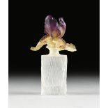 A DAUM FROSTED PURPLE IRIS GLASS PERFUME BOTTLE, ENGRAVED SIGNATURE, 20TH CENTURY, the rectangular