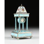 A MINIATURE AUSTRIAN STERLING SILVER AND PALE BLUE GUILLOCHÃ‰ MUSICAL CLOCK, STAMPED MARKS,