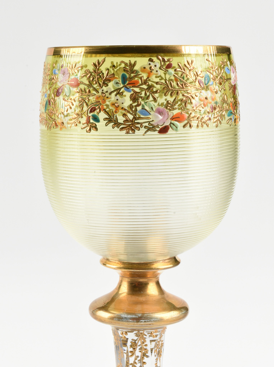 A GROUP OF THREE JOSEPHINENHUTTE ENAMEL AND GILT DECORATED CASED GLASS WINE STEMS, SCHREBERHAU, - Image 3 of 17