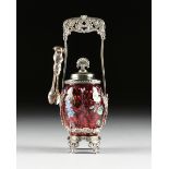 AN AMERICAN AESTHETIC PERIOD ENAMEL DECORATED QUILTED CRANBERRY GLASS PICKLE CASTER WITH ROCKFORD