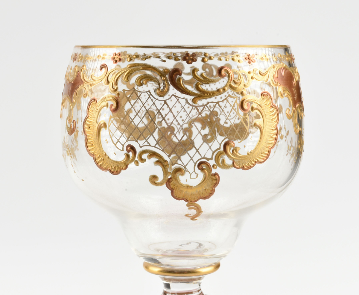 A GROUP OF THREE JOSEPHINENHUTTE ENAMEL AND GILT DECORATED CASED GLASS WINE STEMS, SCHREBERHAU, - Image 9 of 17