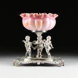 A VICTORIAN CRANBERRY HERRINGBONE PATTERN CASED MOTHER-OF-PEARL SATIN GLASS CENTER BOWL/BRIDE'S