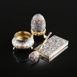 A GROUP OF FOUR SILVER GILT AND CLOISONNÃ‰ ENAMEL ITEMS, RUSSIAN AND CONTINENTAL, LATE 19TH/EARLY