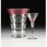 A GROUP OF TWO H.C. FRY GLASS CO. CRANBERRY THREADED GLASS VESSELS, ROCHESTER, PENNSYLVANIA, CIRCA