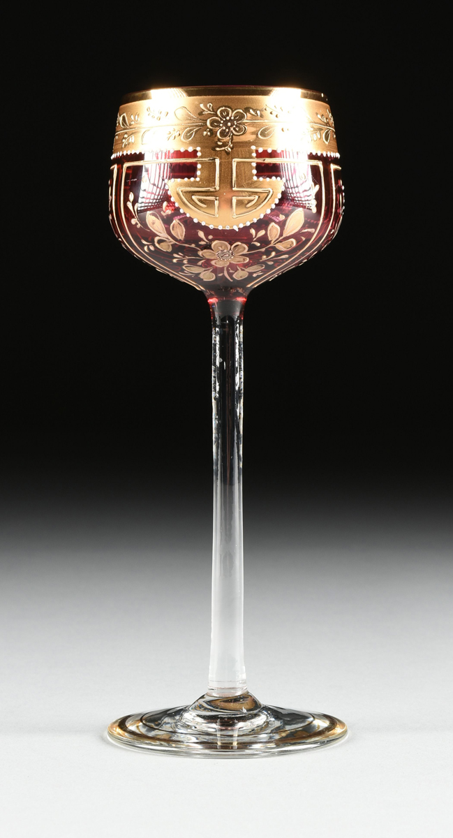 A GROUP OF TWO BOHEMIAN AND FRENCH CASED GILT DECORATED WINE GOBLETS, CIRCA 1900-1910, comprising - Image 8 of 13