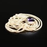 A 14K YELLOW GOLD, PEARL, AMETHYST, AND DIAMOND CHOKER LADY'S NECKLACE, comprising seven rows of