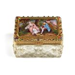AN ANTIQUE AUSTRIAN JEWELED AND ENAMELED GILT BRONZE MOUNTED CUT CRYSTAL KEEPSAKE BOX, LATE 19TH