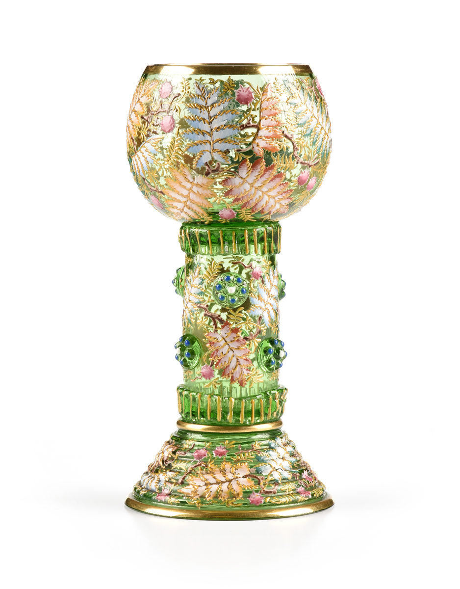 A LUDWIG MOSER & SOHNE GILT AND ENAMEL DECORATED GREEN GLASS GOBLET, KARLSBAD (KARLOVY VARY),