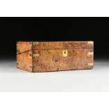 A VICTORIAN BRASS BANDED YEW WOOD TRAVELING LAP DESK, CIRCA 1850-1870, of rectangular form, with