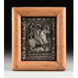 A GREEK ORTHODOX STERLING SILVER OVER TEMPERA ON BOARD ICON OF ST. GEORGE SLAYING THE DRAGON,