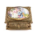 A NAPOLEON III (1852-1870) STYLE GILT METAL PORCELAIN PLAQUE MOUNTED JEWELRY CASKET, CONTINENTAL,