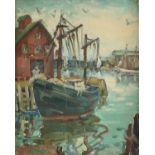 GRACE NEVILLE CARROTHERS (American 1882-1961) A PAINTING, "Sailboat at Dock," oil on board, signed